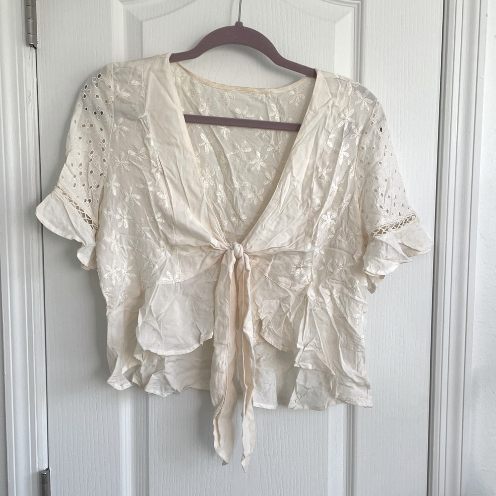 American Eagle Cream Lace Tie-Front Blouse